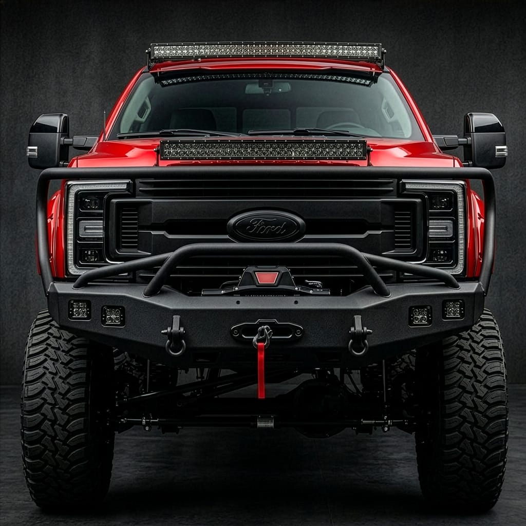 Custom matte black off-road bumper and bull bar with integrated LED lights installed on a lifted Ford truck at Accessory World Customs in Miami