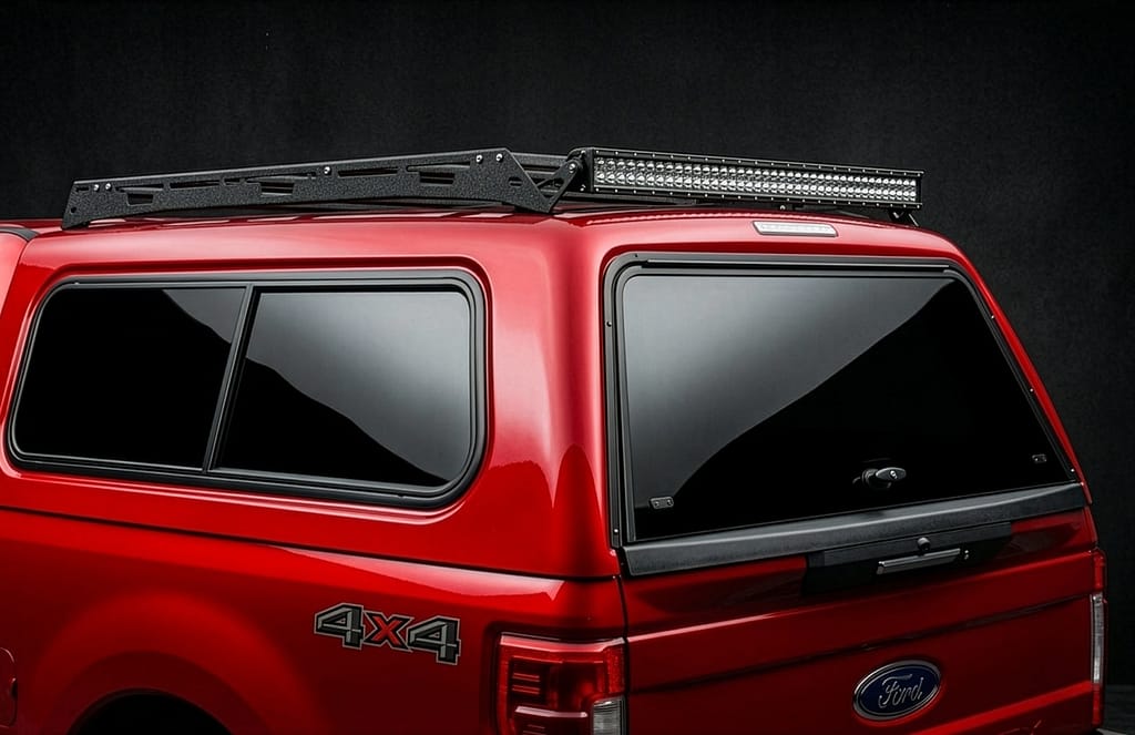 Red LEER camper shell with roof rack and LED light bar installed on a custom truck at Accessory World Customs in Miami