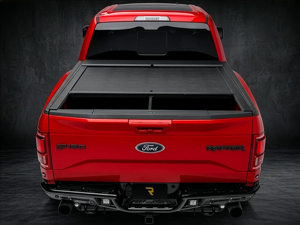 Retractable Roll-N-Lock truck bed cover installed on a Ford Raptor, providing secure cargo protection at Accessory World Customs in Miami